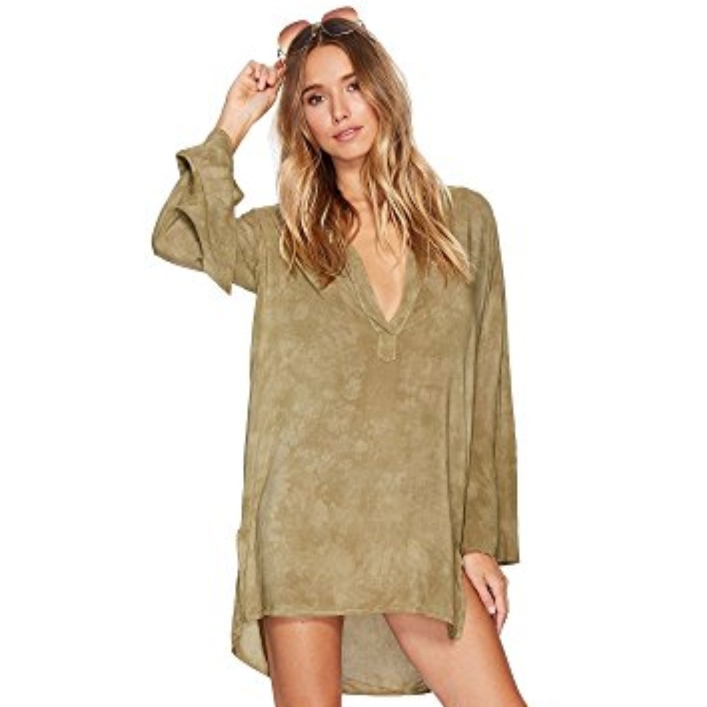 Blue Life Boho Sleeve Shirt Dress in Olive Green